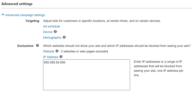 Screenshot of entry fields for IP exclusions in Advanced settings.